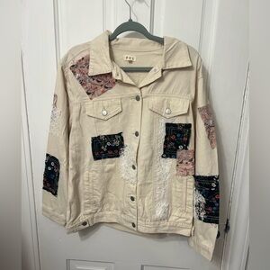 POL Cream Patchwork Floral Lace Boho Denim Shacket